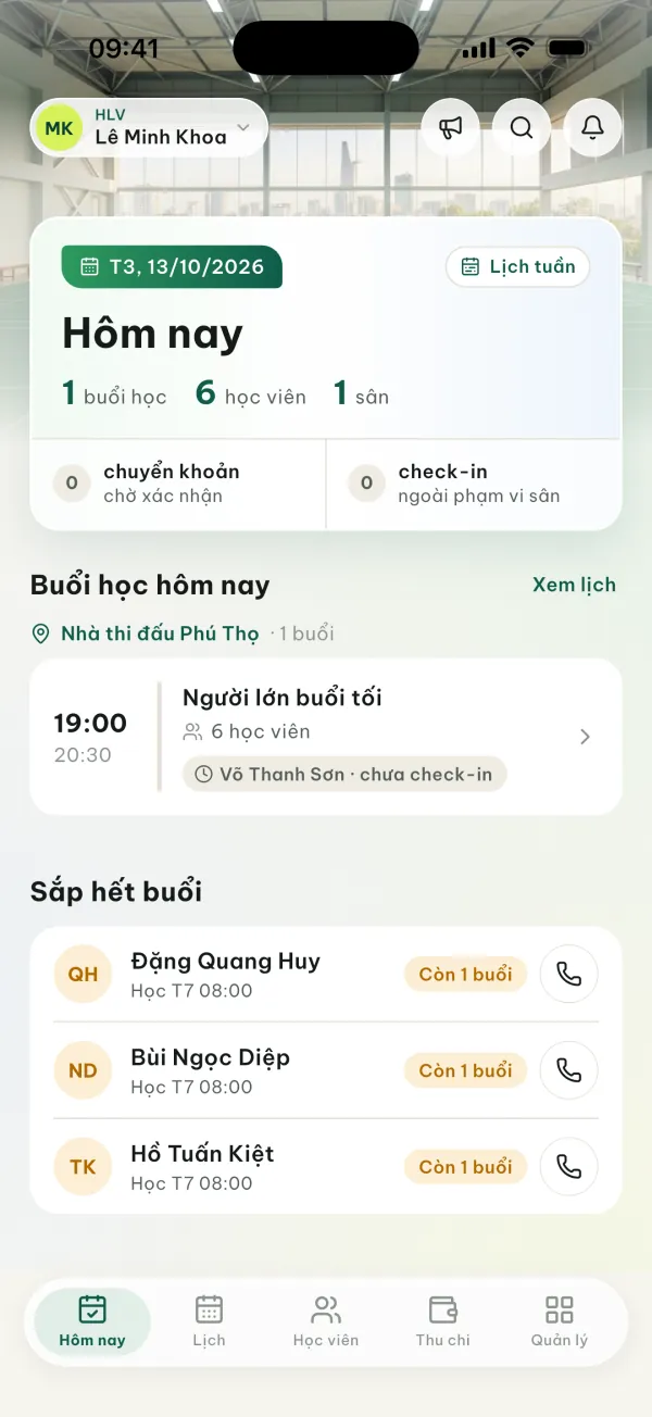 Màn hình Hôm nay của HLV trong app Tập Xíu