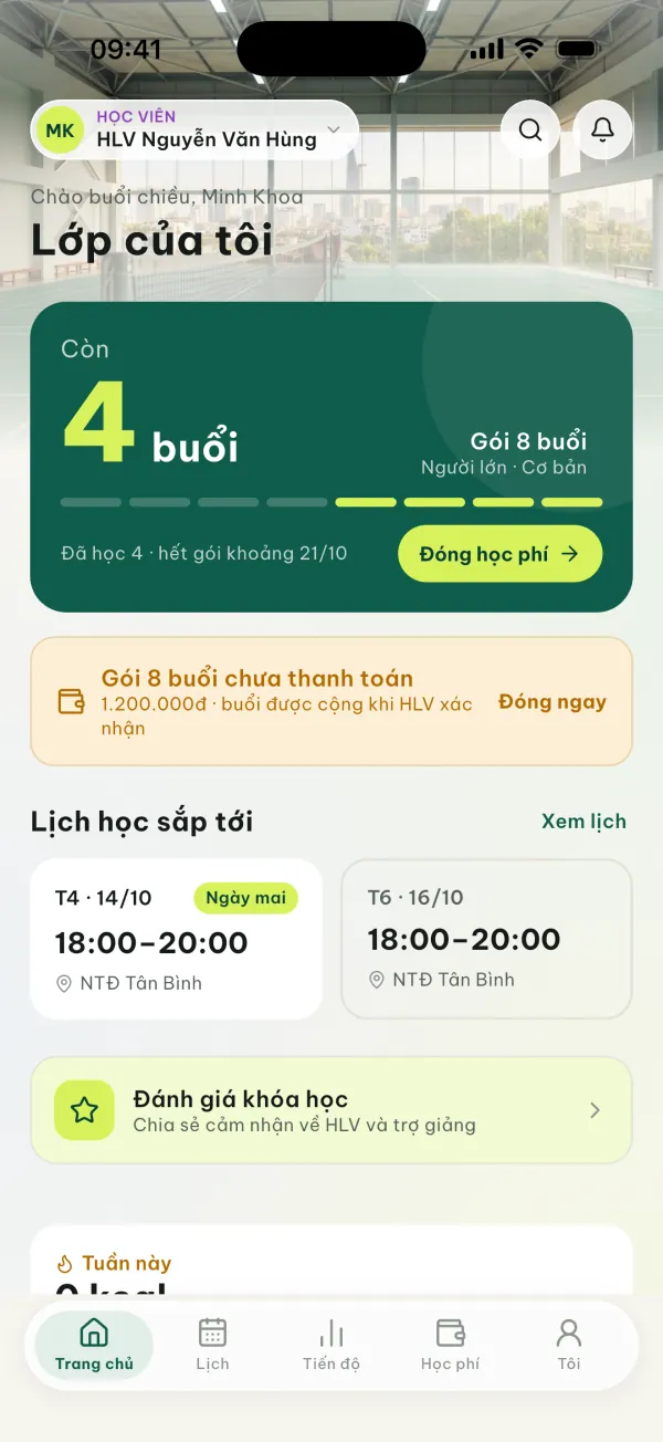 Trang chủ học viên trong app Tập Xíu